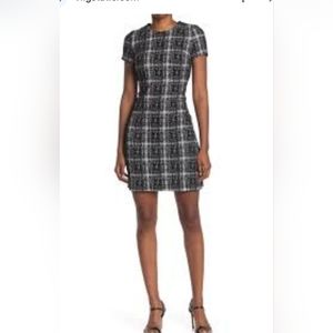 Calvin Klein Plaid Short Sleeve Ponte Dress in Black and Cream